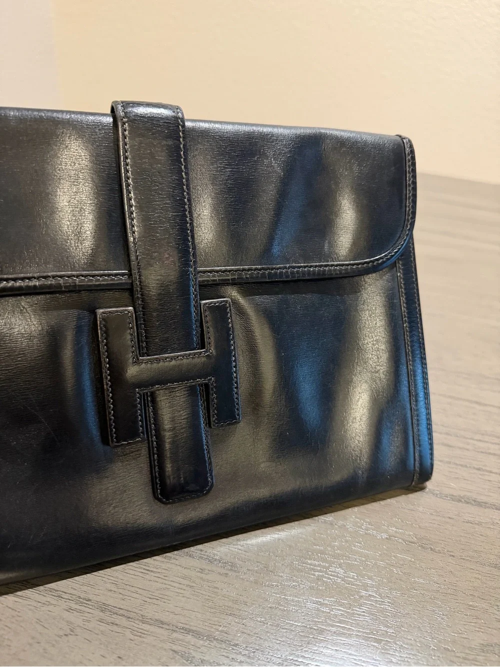 Hermes Black Leather Men's Clutch with Signature H Detail